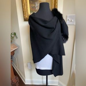 Striking Black Wrap or Open-Front Shawl with Fur Accents